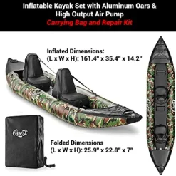 SereneLife 2 Person Inflatable Kayak – Double Kayak with Aluminum Paddles, Repair Kit – Lightweight, Portable Adult Kayaks with High-Output Pump – Durable Vinyl Kayak for Lake, Mild River – Camo