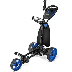 SereneLife 3-Wheel Electric Golf Push Cart – Rechargeable Lightweight Folding Walking Push Cart Roller Golf Bag Holder with Foot Brake, Upper/Lower Bracket with Elastic Strap, Umbrella Holder Assorted