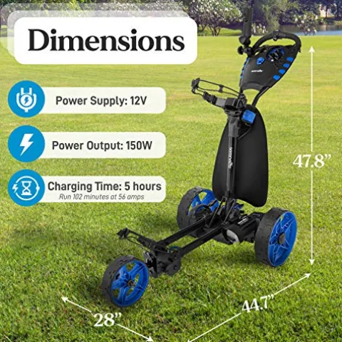 SereneLife 3-Wheel Electric Golf Push Cart – Rechargeable Lightweight Folding Walking Push Cart Roller Golf Bag Holder with Foot Brake, Upper/Lower Bracket with Elastic Strap, Umbrella Holder Assorted