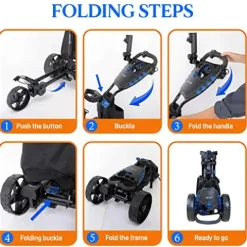 SereneLife 3-Wheel Electric Golf Push Cart – Rechargeable Lightweight Folding Walking Push Cart Roller Golf Bag Holder with Foot Brake, Upper/Lower Bracket with Elastic Strap, Umbrella Holder Assorted