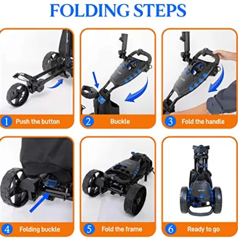 SereneLife 3-Wheel Electric Golf Push Cart – Rechargeable Lightweight Folding Walking Push Cart Roller Golf Bag Holder with Foot Brake, Upper/Lower Bracket with Elastic Strap, Umbrella Holder Assorted