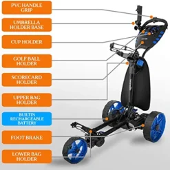 SereneLife 3-Wheel Electric Golf Push Cart – Rechargeable Lightweight Folding Walking Push Cart Roller Golf Bag Holder with Foot Brake, Upper/Lower Bracket with Elastic Strap, Umbrella Holder Assorted