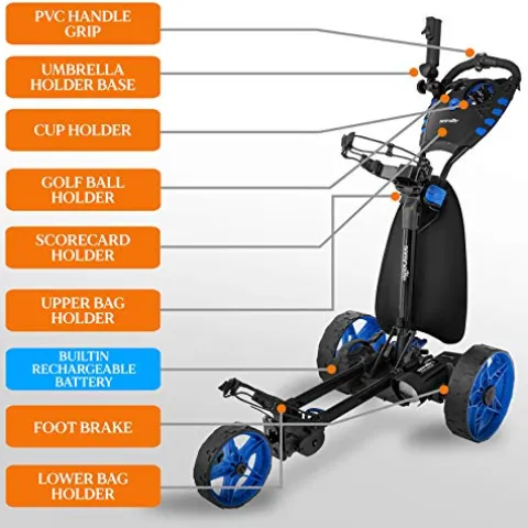 SereneLife 3-Wheel Electric Golf Push Cart – Rechargeable Lightweight Folding Walking Push Cart Roller Golf Bag Holder with Foot Brake, Upper/Lower Bracket with Elastic Strap, Umbrella Holder Assorted