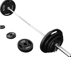 Signature Fitness Cast Iron Olympic 2-Inch Weight Plates + 7FT Olympic Barbell 300LB Set with Barbell