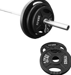 Signature Fitness Cast Iron Olympic 2-Inch Weight Plates + 7FT Olympic Barbell 300LB Set with Barbell