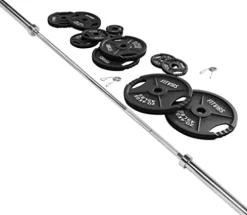 Signature Fitness Cast Iron Olympic 2-Inch Weight Plates + 7FT Olympic Barbell 300LB Set with Barbell
