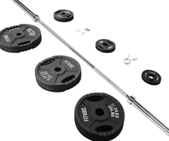 Signature Fitness Cast Iron Olympic 2-Inch Weight Plates + 7FT Olympic Barbell 300LB Set with Barbell