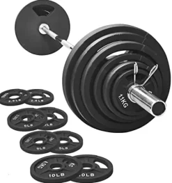 Signature Fitness Cast Iron Olympic Weight Plates & Barbell Set 325LB with Barbell
