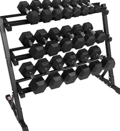 Signature Fitness 550LB Rubber Coated Hex Dumbbell Weight Set with 3-Tier Storage Rack Black