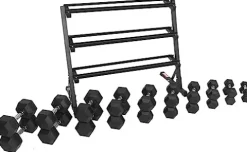 Signature Fitness 550LB Rubber Coated Hex Dumbbell Weight Set with 3-Tier Storage Rack Black