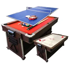 SIMBASHOPPING USA 7FT Multigame Pool Table Red/Brown – Air Hockey & Table Tennis