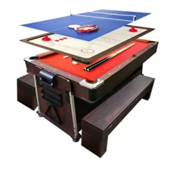 SIMBASHOPPING USA 7FT Multigame Pool Table with Air Hockey, Table Tennis, Red Brown