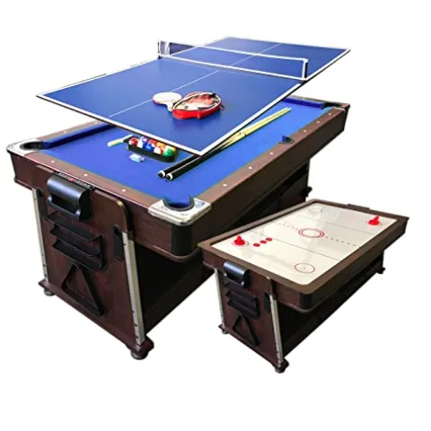 SIMBASHOPPING USA 7FT Multigame Pool Table with Air Hockey, Table Tennis, & Table Top Blue/Brown