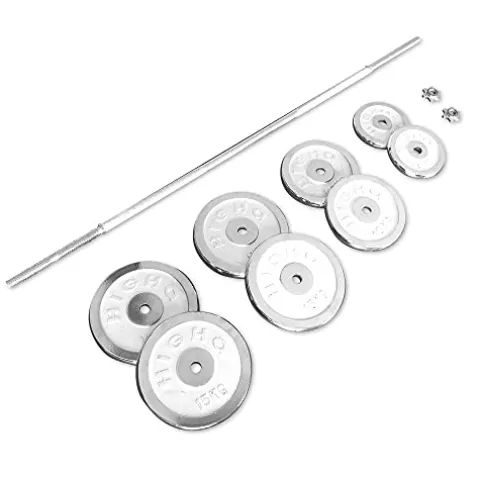 SimpleL Barbell Weight Set with Bar 210-Pound Adjustable Chrome Cast Plates Silver