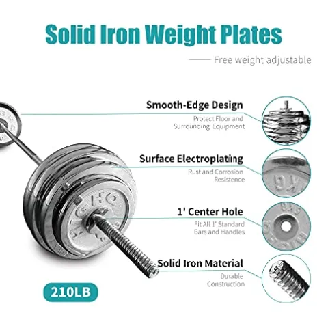 SimpleL Barbell Weight Set with Bar 210-Pound Adjustable Chrome Cast Plates Silver
