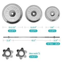 SimpleL Barbell Weight Set with Bar 210-Pound Adjustable Chrome Cast Plates Silver