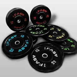 SimpleL Olympic Barbell Black Rubber Bumper Plates Set – 340LBs Total