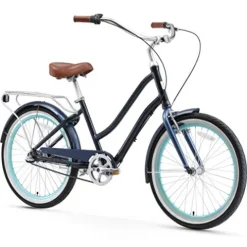 sixthreezero EVRYjourney Women’s 7-Speed Step-Through Hybrid Cruiser Bicycle Navy w/Brown Seat/Grips