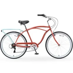 sixthreezero Men’s Beach Cruiser Bike 7-Speed Step-Through Hybrid Bicycle 26″ Brick Pool w/ Black Seat/Grips