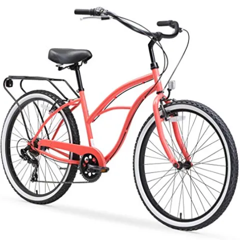 sixthreezero Women’s Beach Cruiser Bike Around The Block Hybrid Bicycle Coral w/ Black Seat/Grips