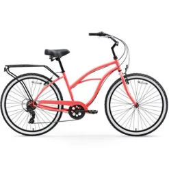 sixthreezero Women’s Beach Cruiser Bike Around The Block Hybrid Bicycle Coral w/ Black Seat/Grips