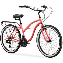 sixthreezero Women’s Beach Cruiser Bike 21-Speed Step-Through Touring Hybrid Bicycle Coral w/ Black Seat/Grips