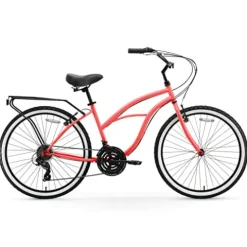 sixthreezero Women’s Beach Cruiser Bike 21-Speed Step-Through Touring Hybrid Bicycle Coral w/ Black Seat/Grips