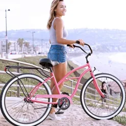 sixthreezero Women’s Beach Cruiser Bike 21-Speed Step-Through Touring Hybrid Bicycle Coral w/ Black Seat/Grips
