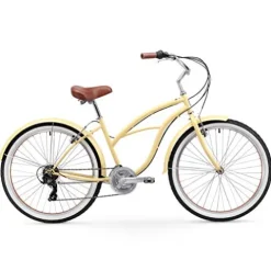 sixthreezero Women’s 21-Speed Beach Cruiser Bicycle Cream w/ Brown Seat/Grips