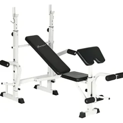 Soozier Adjustable Weight Bench with Squat Rack, Preacher Curl Pad, Leg Developer, Butterfly and Weight Storage Black and White