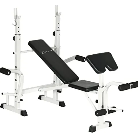 Soozier Adjustable Weight Bench with Squat Rack, Preacher Curl Pad, Leg Developer, Butterfly and Weight Storage Black and White