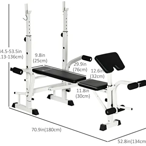 Soozier Adjustable Weight Bench with Squat Rack, Preacher Curl Pad, Leg Developer, Butterfly and Weight Storage Black and White
