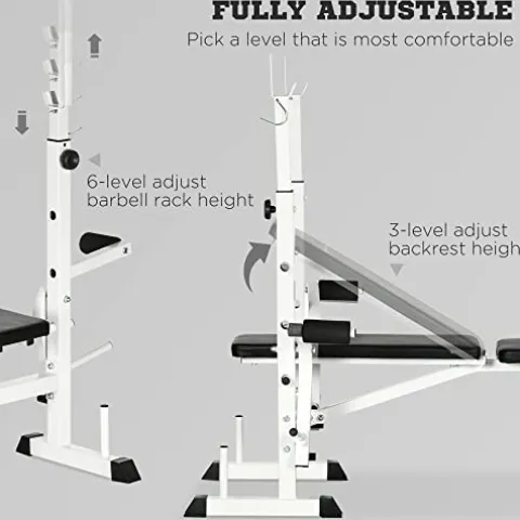 Soozier Adjustable Weight Bench with Squat Rack, Preacher Curl Pad, Leg Developer, Butterfly and Weight Storage Black and White