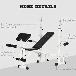 Soozier Adjustable Weight Bench with Squat Rack, Preacher Curl Pad, Leg Developer, Butterfly and Weight Storage Black and White