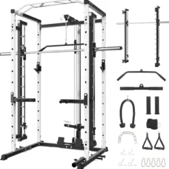 STMHOM Power Cage 1600 Lbs with Smithbar & LAT Pulldown White