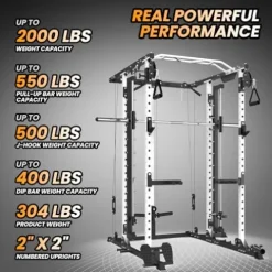 STMHOM Power Cage Smithbar White, 2000 Lbs Power Rack with Cable Crossover System, Multi-Functional Squat Rack with LAT Pulldown for Home Gym