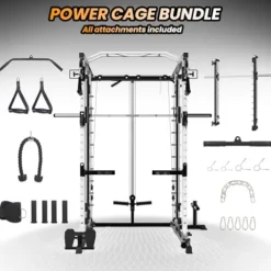 STMHOM Power Cage Smithbar White, 2000 Lbs Power Rack with Cable Crossover System, Multi-Functional Squat Rack with LAT Pulldown for Home Gym