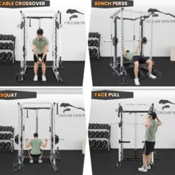 STMHOM Power Cage Smithbar White, 2000 Lbs Power Rack with Cable Crossover System, Multi-Functional Squat Rack with LAT Pulldown for Home Gym