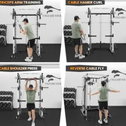 STMHOM Power Cage Smithbar White, 2000 Lbs Power Rack with Cable Crossover System, Multi-Functional Squat Rack with LAT Pulldown for Home Gym