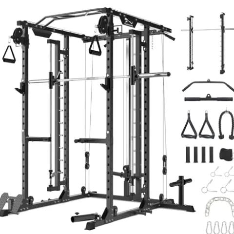STMHOM Power Cage with Smithbar, 2000 Lbs Rack, Cable Crossover, LAT Pulldown, Black