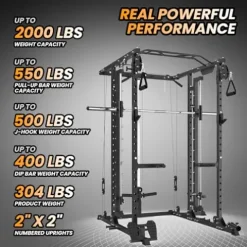 STMHOM Power Cage with Smithbar, 2000 Lbs Rack, Cable Crossover, LAT Pulldown, Black