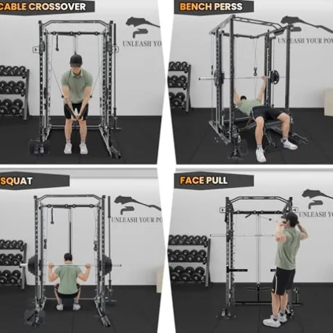 STMHOM Power Cage with Smithbar, 2000 Lbs Rack, Cable Crossover, LAT Pulldown, Black