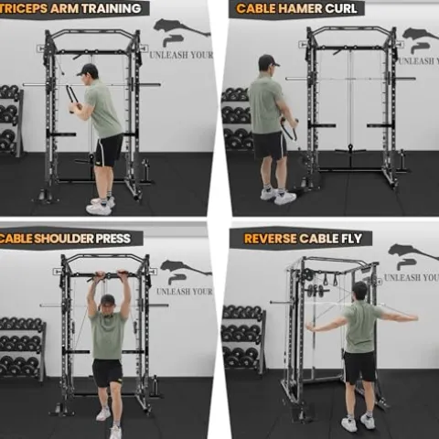 STMHOM Power Cage with Smithbar, 2000 Lbs Rack, Cable Crossover, LAT Pulldown, Black