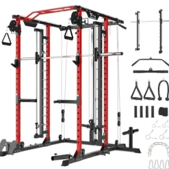 STMHOM Power Cage with Smithbar, 2000 Lbs Power Rack, Cable Crossover System, Black/Smithbar Red