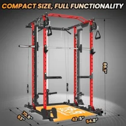 STMHOM Power Cage with Smithbar, 2000 Lbs Power Rack, Cable Crossover System, Black/Smithbar Red