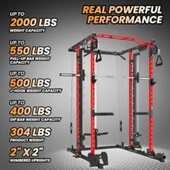STMHOM Power Cage with Smithbar, 2000 Lbs Power Rack, Cable Crossover System, Black/Smithbar Red