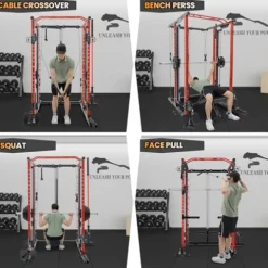 STMHOM Power Cage with Smithbar, 2000 Lbs Power Rack, Cable Crossover System, Black/Smithbar Red