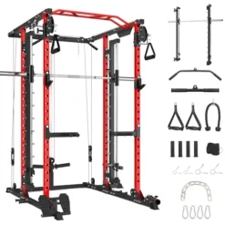 STMHOM Power Cage with Smithbar, 2000 Lbs Power Rack, Cable Crossover System, Black/Smithbar Red
