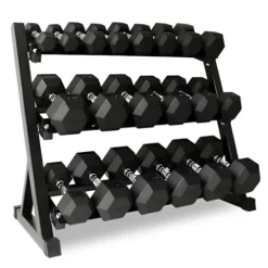 StrengthUSA Rubber Hex Dumbbell Set with Rack 550 lbs Black