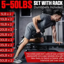 StrengthUSA Rubber Hex Dumbbell Set with Rack 550 lbs Black